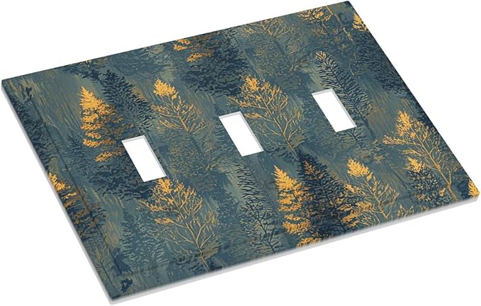 Decorative Switch Plate Cover with Golden Trees & Abstract Gradient Forest Landscape Design 3 Gang Artistic Wall Plate Unique Triple Toggle Light Switch Covers for Blue Retro Home Decor