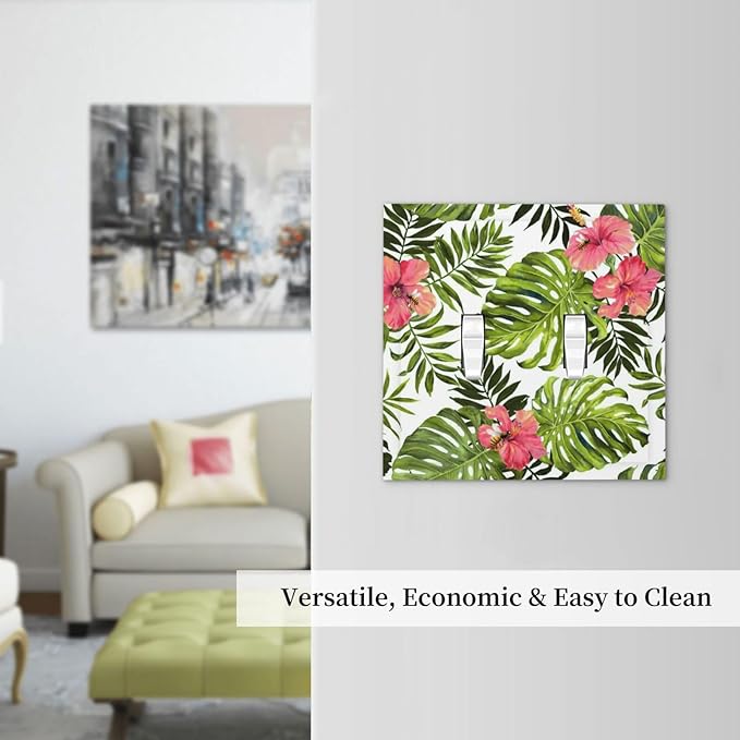 Tropical Plant Green Palm 2 Gang Light Switch Plate Decorative Double Toggle Wall Plate Banana Leaves Pink Flower Rainfores Jungle Botanical Receptacle Switchplate Decorate Home Living Room Bedroom
