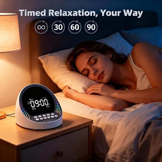 White Noise Sound Machine with Bluetooth Speaker, 6 Mixable Nature Sounds & 6-Color Night Light, Alarm Clock, Sleep Timer for Adults, Kids, Baby Sleeping, Bedroom, Office