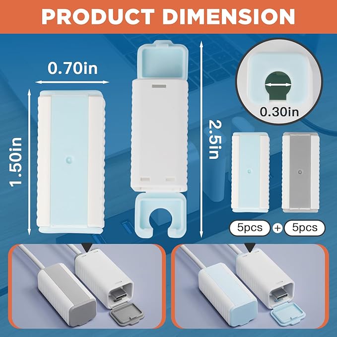 10 Pcs Foycow Child Proof USB Charger Protector - Charger Cover for Electrical Safety Baby Products, Baby Proof USB Charger Cords Covers for Pets and Toddlers- 10 Pcs - Grey & Blue