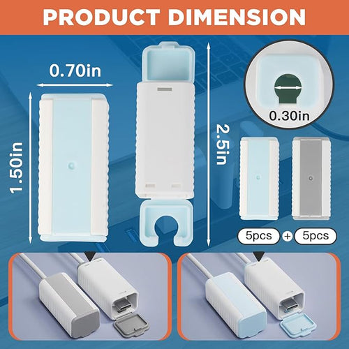 10 Pcs Foycow Child Proof USB Charger Protector - Charger Cover for Electrical Safety Baby Products, Baby Proof USB Charger Cords Covers for Pets and Toddlers- 10 Pcs - Grey & Blue