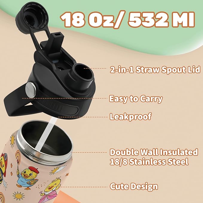 Insulated Water Bottle 18oz, Duck Gifts Water Bottle with 2-in-1 Straw and Spout Lid, Cute Duck Cup Leakproof, Ducks Cup Coffee Travel Mug for Ducks Lovers, Birthday Gift Ideal for Girls Boy