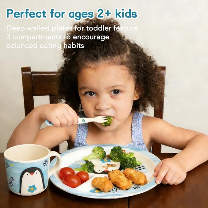 Kids Dinnerware Set, 5-Piece Mealtime Tableware for Children & Toddlers – Includes Divided Plate, Bowl, Cup, Fork & Spoon – Natural Bamboo Fiber, BPA-Free, Dishwasher Safe (Penguin)