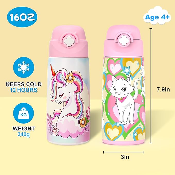 Girls Insulated Water Bottle with Covered Pop-Up Straw,16 oz Kids Cups with Stainless Steel Leak Proof for School（2 pack,Unicorn+Cat）
