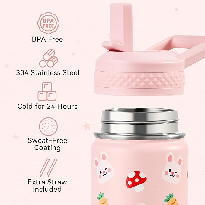Fijinhom 12 oz Kids Water Bottle, Toddler Water Bottle with Straw, Boys&Girls Bottle for School, 304 Stainless Steel Vacuum Insulated Bottle for Kids, BPA-Free, Leak-Proof, Rabbit