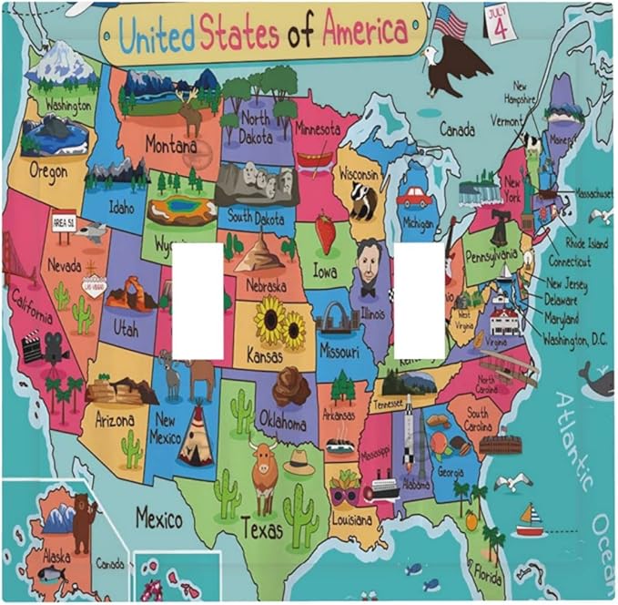 Kids Map of The United States 2 Gang Double Toggle Light Switch Cover Decorative Cartoon Fun Facts Geography USA Map Wall Plate Faceplate Turquoise Red Kids Boys Girls Bathroom Home Living Room Decor