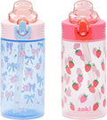 Zak Designs Sage Kids Water Bottle For School or Travel, 16oz Durable Plastic Water Bottle With Straw, Handle, and Leak-Proof, Pop-Up Spout Cover, 2-Pack Set (Berry and Bows)