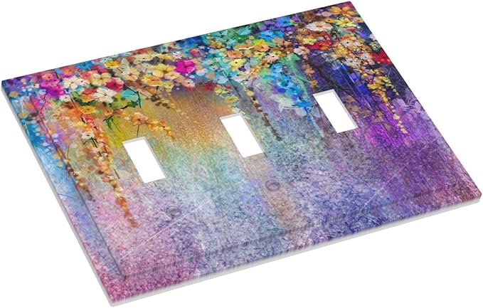 Colorful Floral Watercolor Flower 3 Gang Light Switch Plate Decorative Purple Triple Toggle Wall Plate Cover Electrical Faceplate Switchcover for Farmhouse Bathroom Home Bedroom Art Panel Decor