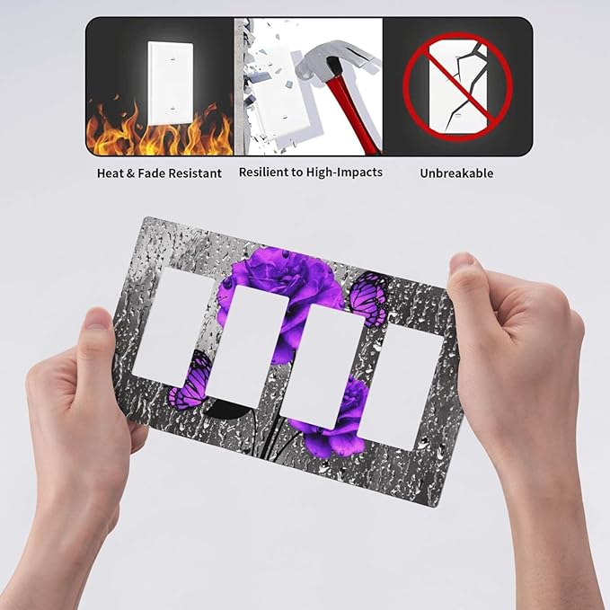 Romantic Purple Butterfly Rose Flower 4 Gang Quad Rocker Light Switch Cover Decorative Quadruple Device GFCI/Decorator Wall Plate Electric Faceplate Screwless