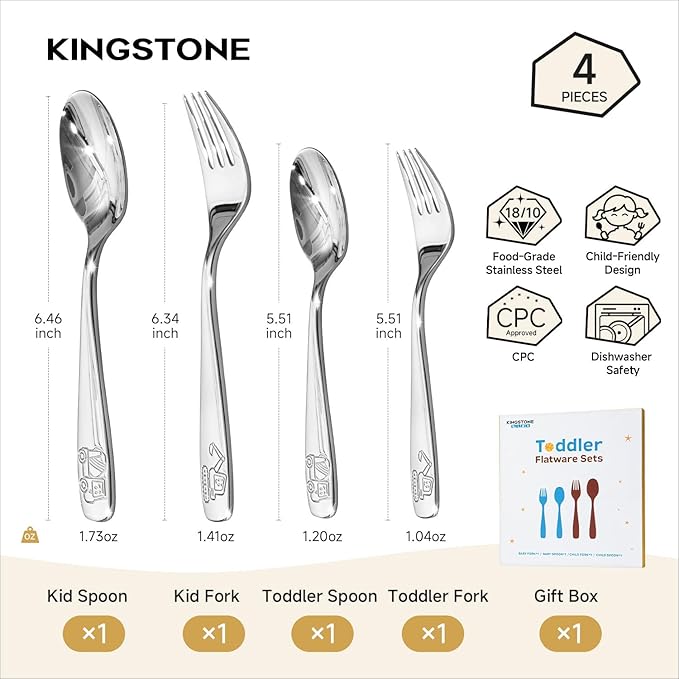 KINGSTONE Toddler & Kids Utensils Set (Construction Vehicle) - Large + Small 18/10 Stainless Steel Fork & Spoon, 4-Piece Digger & Dump Truck Food-Grade Kids Transition Silverware, Dishwasher Safe