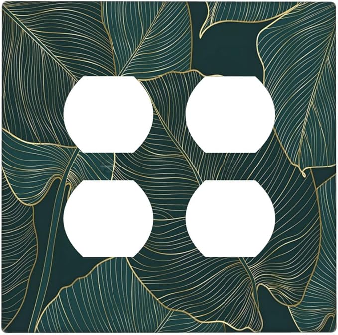 Gold Tropical Green Botanical Palm Leaves Outlet Covers 2 Gang Double Duplex Decorative Light Switch Covers Electrical Wallplates Socket Faceplate for Bedroom Living Room Decor