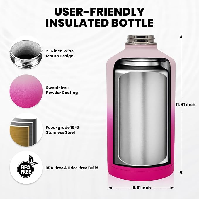 RAYMYLO One Gallon Water Bottle Insulated, Triple Walled Vacuum Stainless Steel (Cold for 48 Hrs), Leak Proof & Non-BPA, Large Water Flask Jug with Paracord Handle & Straw Spout Lids