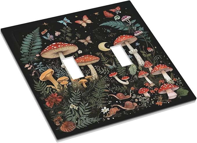 Cartoon Floral Mushroom forest Butterfly Flowers Decorative Switch Plates 2 Gang Double Toggle Wall Plate Electrical Faceplate Outlet Light Switch Cover for Bedroom Kids Room Decor