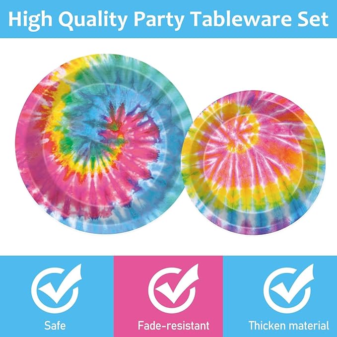 Qyeahkj 25 Guests Tie-Dye Party Supplies, Tie-Dye Party Plates Napkins Forks Set for Tie-Dye Birthday Party Decorations Boys Tie-Dye Birthday Party Supplies Favors (QY0103)