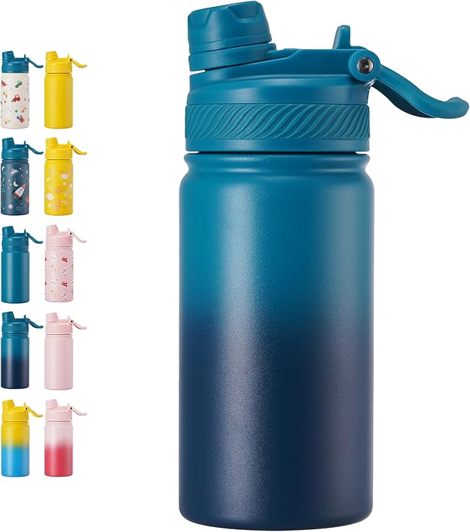 12 oz Kids Water Bottle, 2-in-1 Stainless Steel Vacuum Insulated Water Bottle for Toddler, Leak Proof Spout & Straw, Double Wall Thermal Flask for Boys&Girls, School, Outdoor, Travel (Gradient Blue)
