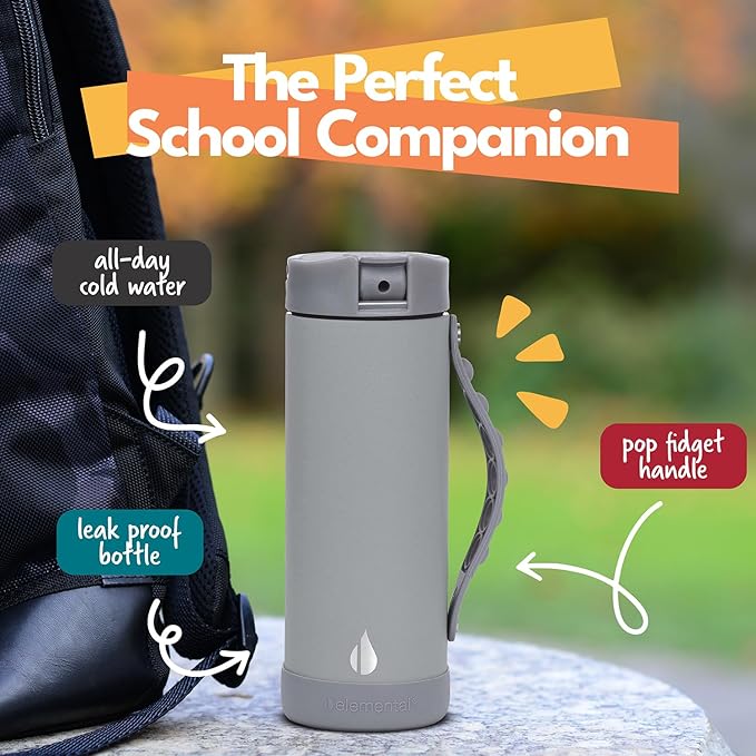 Elemental Iconic Kids Water Bottle for School - 100% Leak-Proof Insulated Water Bottles with Straw Lid & Pop-It Handle for Boys & Girls - Triple-Wall Insulated & BPA-Free, 14oz – Graphite