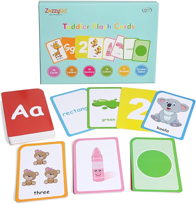ZazzyKid Flash Cards for Toddlers Learning: 54 Double Sides Flashcards for Alphabets, Numbers, Colors, Shapes - Educational Toys for Preschool