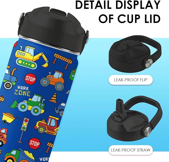 Construction Gifts for Men & Women - 16 Oz Water Bottle with Straw Lid, Stainless Steel Insulated Tumbler, Leak Proof, BPA-Free, for Boys, Travel - Truck Lovers Teen Birthday Gifts Cups(1pc)