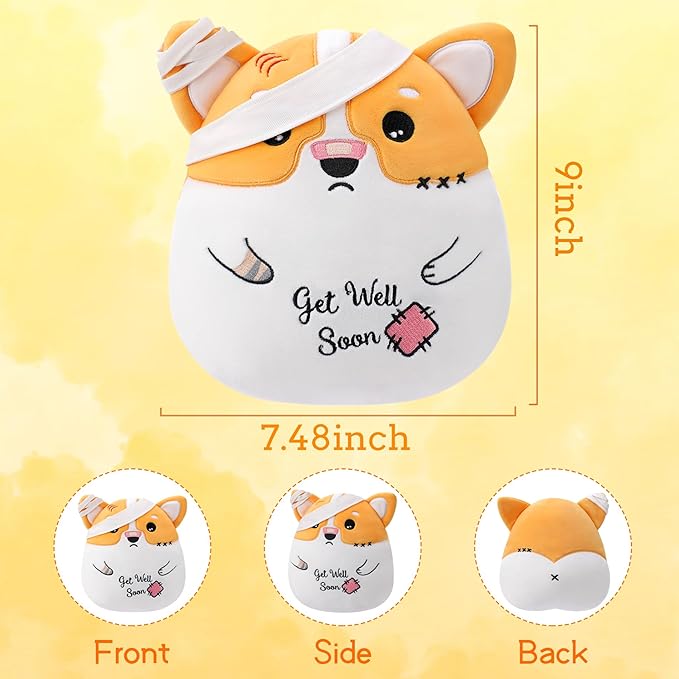 Get Well Soon Dog Plush - Dog Stuffed Animals Corgi Plushie Toys with Injury Bandage, Kids' Pillow Cushion, Gifts for Patient Girls Boys, 9 Inch