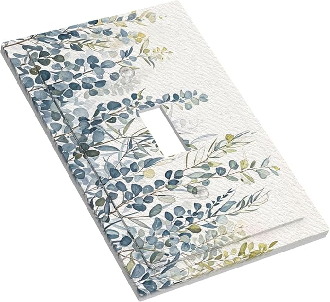 Decorative Switch Cover Plate with Green & Blue Watercolor Eucalyptus Botanical Foliage Design Single Gang Toggle Switch Plate Light Switch Covers Artistic Faceplate for Living Room Decor