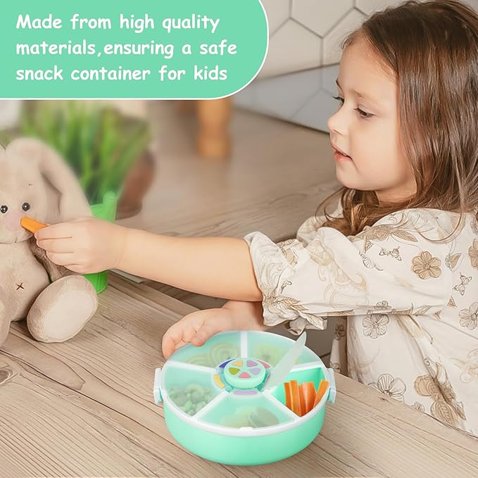 JOOPETALK Kids' Rotating Snack Container Set – 2-Pack, Includes 1 Rotating Snack Container & 1 Round Sectioned Snack Box, BPA-Free, Dishwasher Safe, Perfect for Travel-Green