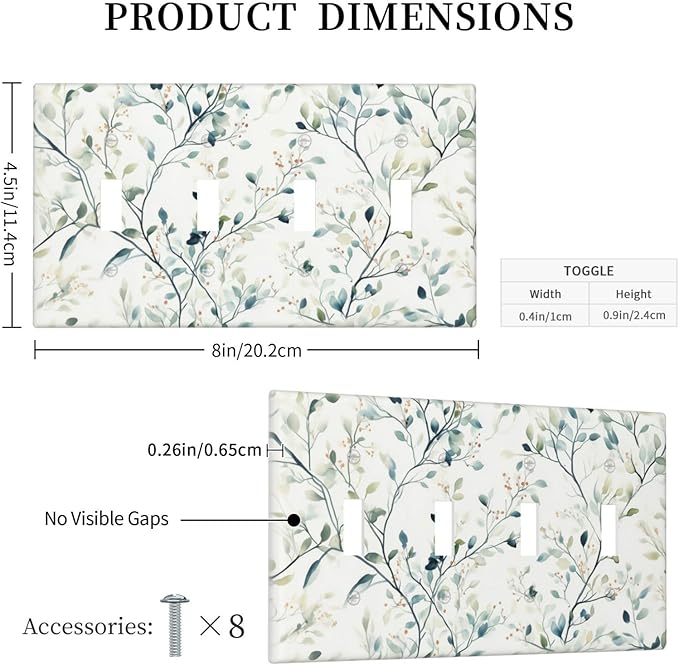 Watercolor Floral Green Leaves Quad Toggle Light Switch Cover Green Botanical Flowers 4 Gang Wall Plate Decorative Electrical Switchplates Covers for Bedroom Kitchen Living Room Decor