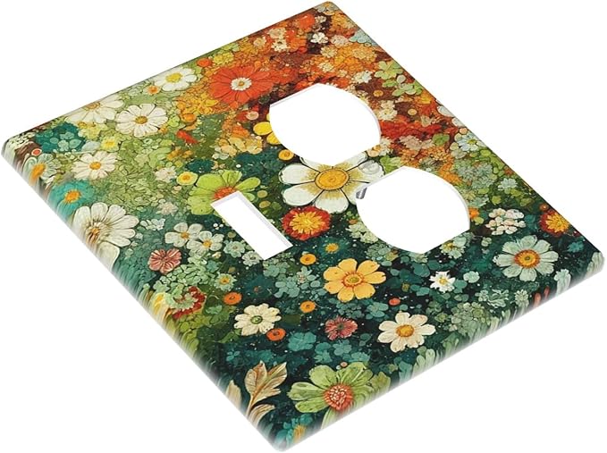 Light Switch Cover Plate Colorful Flowers Green Plants Meadow Floral 2 Gang Decorative Switch Plates 1 Toggle Duplex Combo Outlet Covers GFCI Wall Plates for Bathroom Bedroom Decor