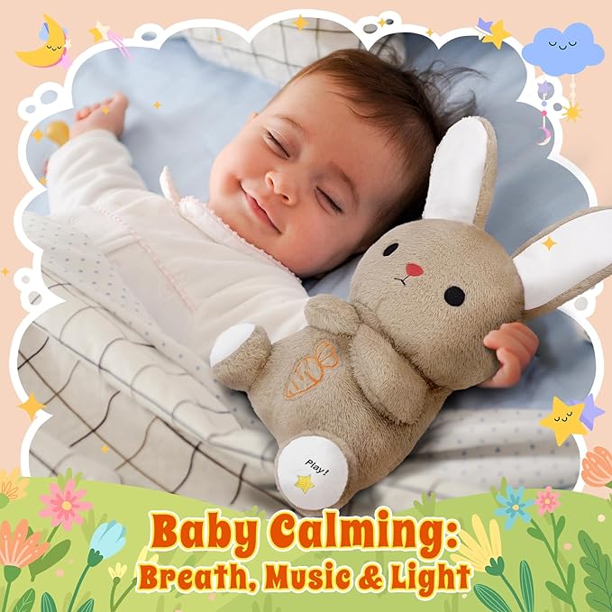 BRICHOEE Breathing Stuffed Animal, Soothing Bunny Stuffed Animal with Moving Ears, Breathing Motion, Calming Sound and Light for Baby Sleep Companion Plush Toy Easter Gifts for Kids Adults Newborns