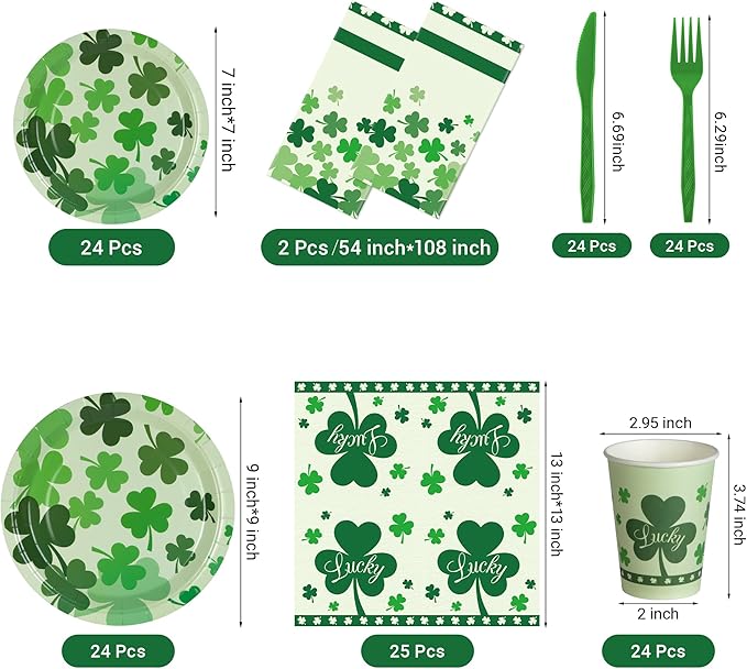 Childom St Patricks Day Party Supplies Decorations,147 Pcs Disposable St Patricks Day Tableware Set with Green Plastic Tablecloth Knives Fork,Paper Plates Napkin Cups for St Patrick's Day Decorations
