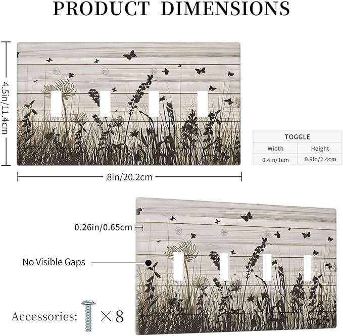 Wildflower Butterfly Grass Dandelion Vintage Wooden Print Light Switch Covers Quad Toggle Electrical Faceplate 4 Gang Wall Plate Decorative Switch Plates Cover for Farmhouse Home Decor
