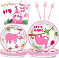 Wiooffen 96 Pcs Sloth Animal Party Plates Napkins Tableware Set Pink Sloth Themed Decoration Favors for Baby Shower Birthday Party, 24 Guests