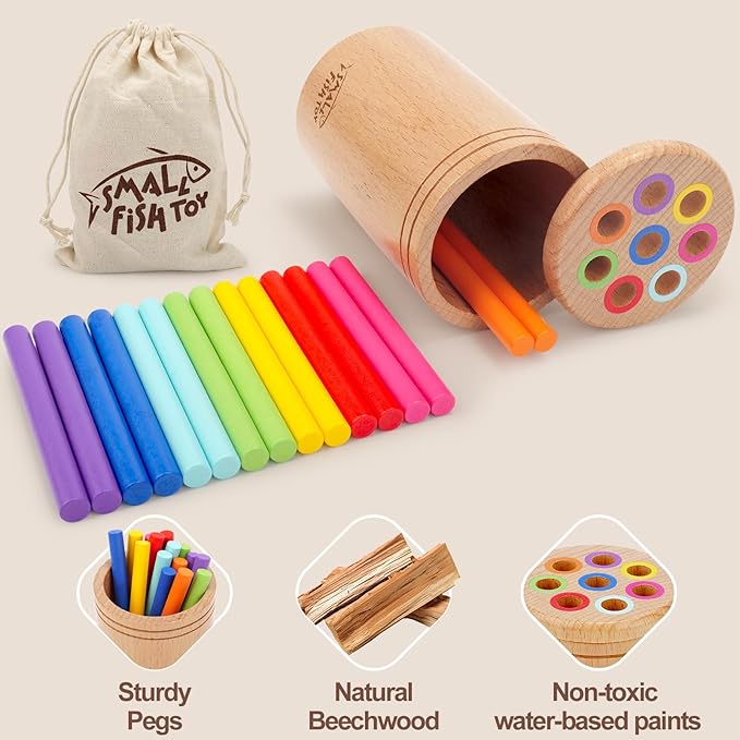 SMALL FISH Montessori Toys for 1-3 Year Old: Wooden Learning Color Sorting Toys for Toddlers Age 1 2 3, Fine Motor Developmental Sensory Travel Toys, Busy Board 18 Month Old Baby Gifts Boys Girls