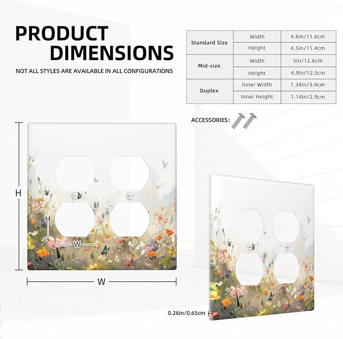 Wildflowers Watercolor Floral Colorful Butterfly Outlet Covers 2 Gang Double Duplex Decorative Light Switch Covers Electrical Wallplates Socket Faceplate for Farmhouse Bed Room Decor