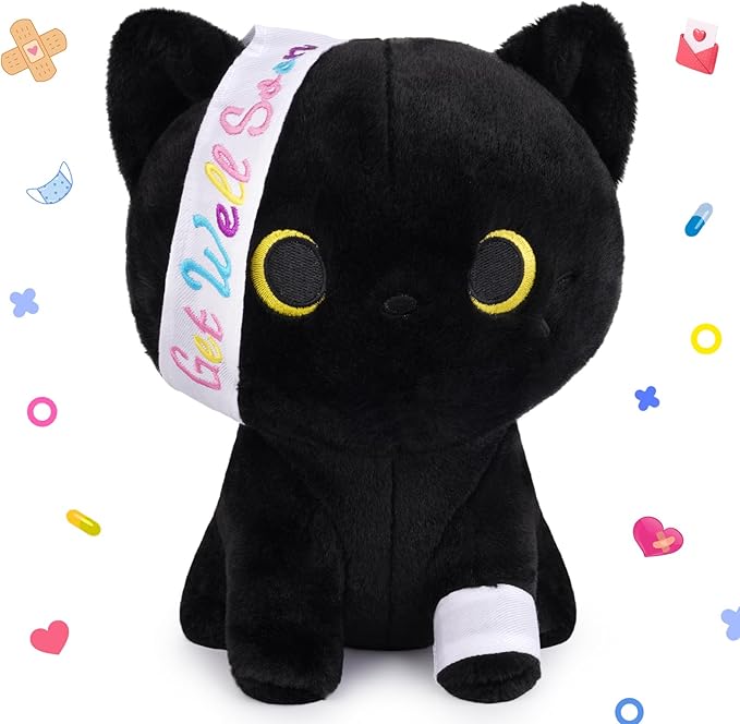 Get Well Gifts for Women Kids, 8 Inch Black Cat Plush Get Well Soon Stuffed Animals, Kawaii Cat Plushies Get Well Gifts for Kids Women After Surgery Feel Better Gift