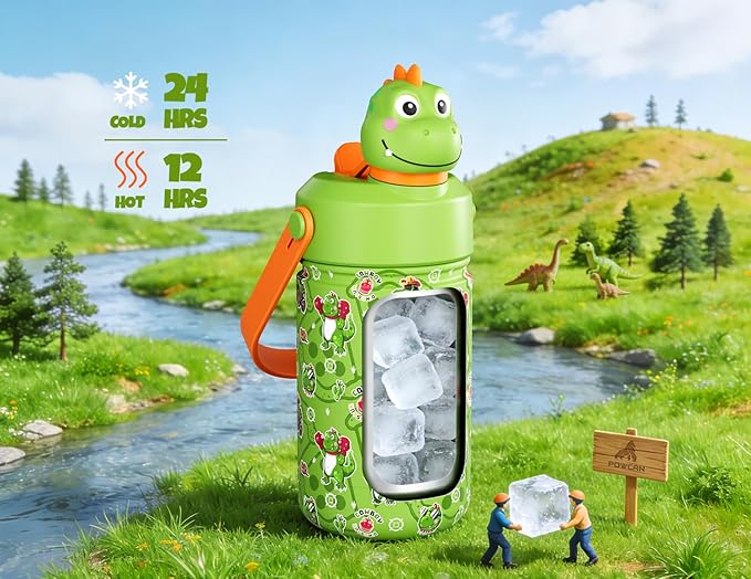 POWCAN 12 oz Kids Stainless Steel Water Bottle: 2-in-1 Straw Spout Lid with Soft Animal Head, Leakproof, Car Cupholder Friendly, Keep Cold 24H, Insulated Bottle for School, Sports, Camp (Cowboy Rex)