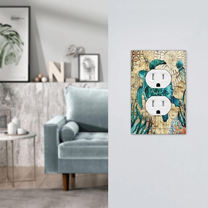 Nautical Ocean Map Tortoise Turtle 1 Gang Outlet Plate Covers Decorative Single Duplex Wall Plate Electrical Receptacle Light Switch Cover Electric Switchplate Country Decor