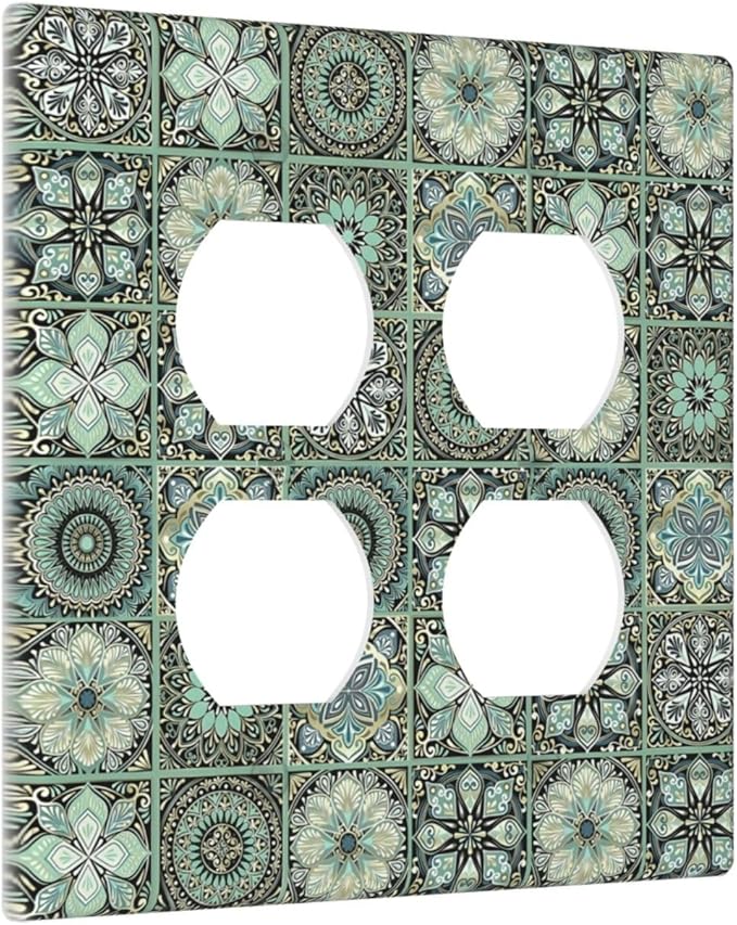 Moroccan Mandala Tile Floral Talavera Tiles Outlet Covers 2 Gang Double Duplex Decorative Light Switch Covers Electrical Wallplates Socket Faceplate for Bathroom Kitchen Decor