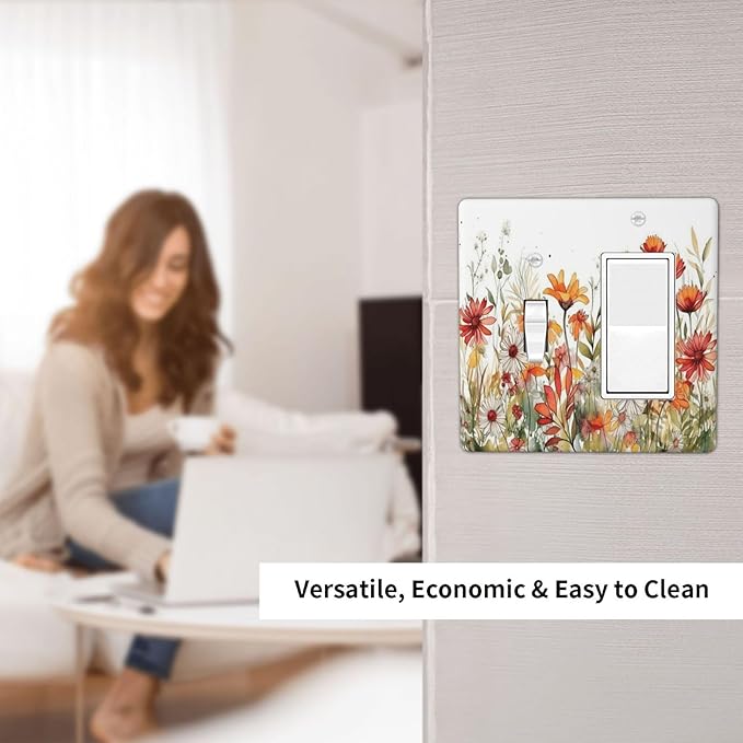 Watercolor Wild Flower Floral Daisy Plant Outlet Covers 1 Toggle 1 Rocker Combination Decorative Wall Plate Electrical Switch Plates Light Switch Cover Plate for Bedroom Living Room Decor