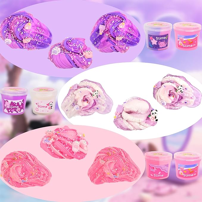 6 Pack Pink & Purple Slime kit for Kids- Cloud Butter & Clear Slimes, Cute Animal Theme Party Favors, Sensory Toys for Kids Girls Boys Ages 4-12, Goodie Bag Stuffers, Birthday Gift Ideas Cute Stuff
