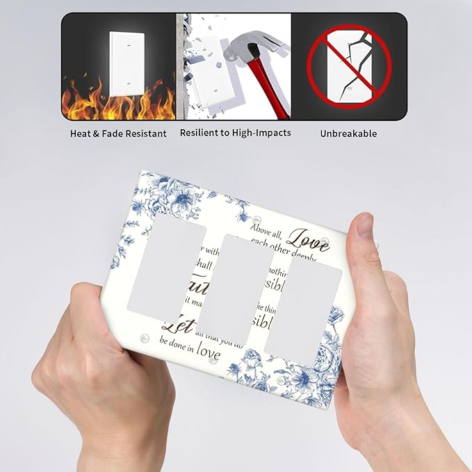 Decorative Outlet Covers Inspirational Quotes Blue Flower Floral 3 Gang Light Switch Cover Plate Triple Rocker Wall Plates for Electrical Outlets Switch Plate Covers for Bedroom Home Decor
