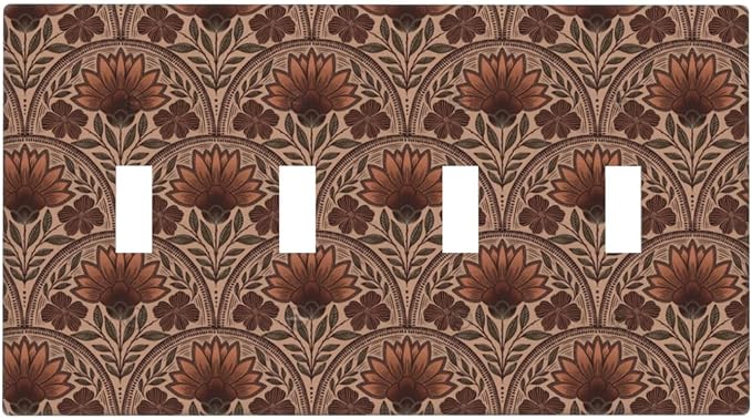 Earth Tone Floral Rustic Damask Boho Flower Light Switch Covers Quad Toggle Electrical Faceplate 4 Gang Wall Plate Decorative Switch Plates Cover for Farmhouse Home Decor