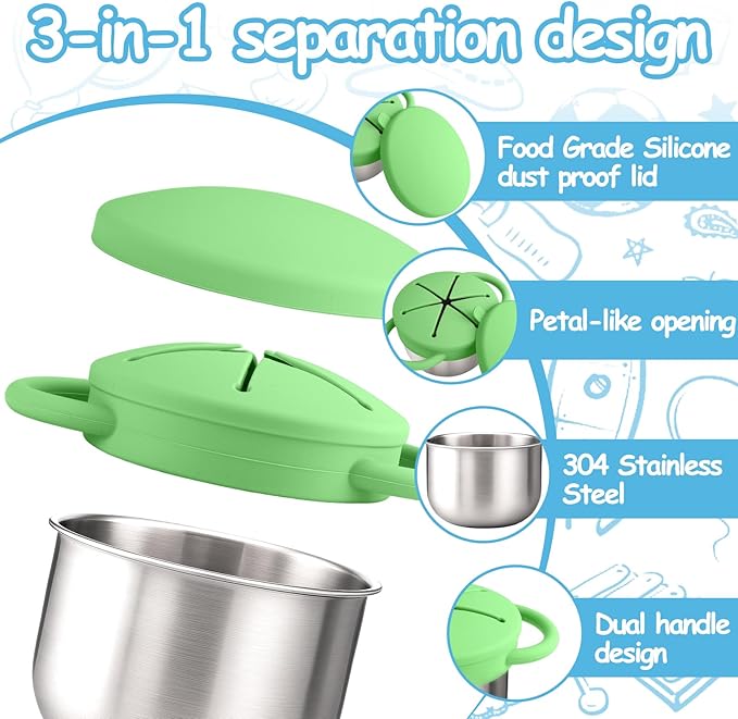 Mity rain Stainless Steel Snack Containers for Toddlers with Spill-Proof Silicone Lids Handles - 3-in-1 Baby Snack Cups, No-Spill Toddler Snack Box (Deep Blue+Deep Green, Two piece set)