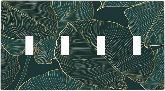 Gold Tropical Green Botanical Palm Leaves Light Switch Covers Quad Toggle Electrical Faceplate 4 Gang Wall Plate Decorative Switch Plates Cover for Bedroom Living Room Decor