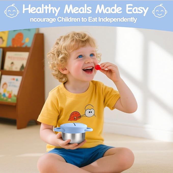 Mity rain Stainless Steel Snack Containers for Toddlers with Spill-Proof Silicone Lids Handles - 3-in-1 Baby Snack Cups, No-Spill Toddler Snack Box (Blue, One piece set)