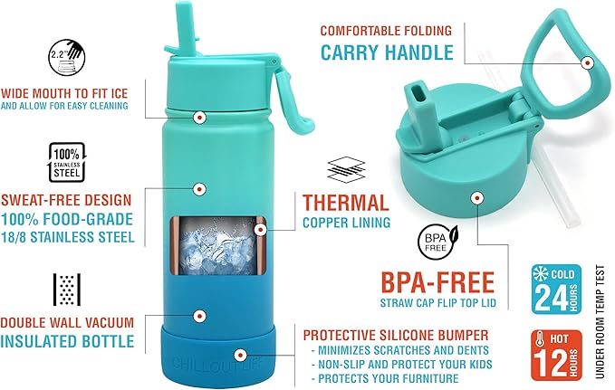 CHILLOUT LIFE 17 oz Kids Insulated Water Bottle for School with Straw Lid Leakproof and Cute Waterproof Stickers, Personalized Stainless Steel Thermos Flask Metal Water Bottle for Girls & Boys