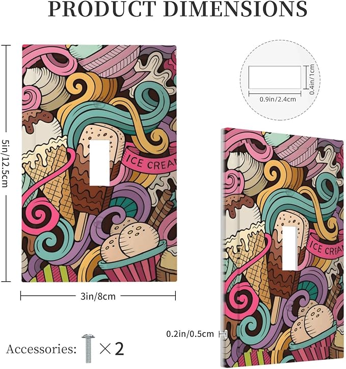 Cartoon Hand Drawn Ice Cream Doodles Colorful Print Decorative Light Switch Cover 1 Gang Single Toggle Device Electrical Faceplate Switchplates Decorator Outlet Wall Plate for Kids Room Nursery Decor