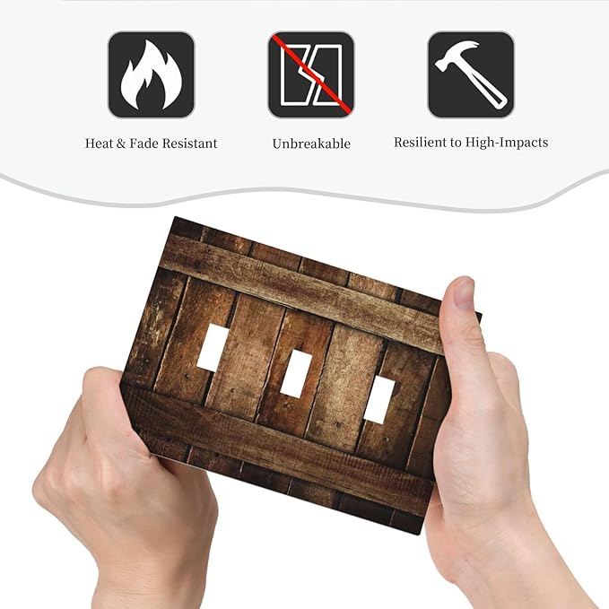 Brown Wooden Barn Door Old Wood Print Decorative Switch Plates 3 Gang Wall Plate Triple Toggle Light Switch Cover Faceplate Electrical Wall Panels for Farmhouse Home Decor