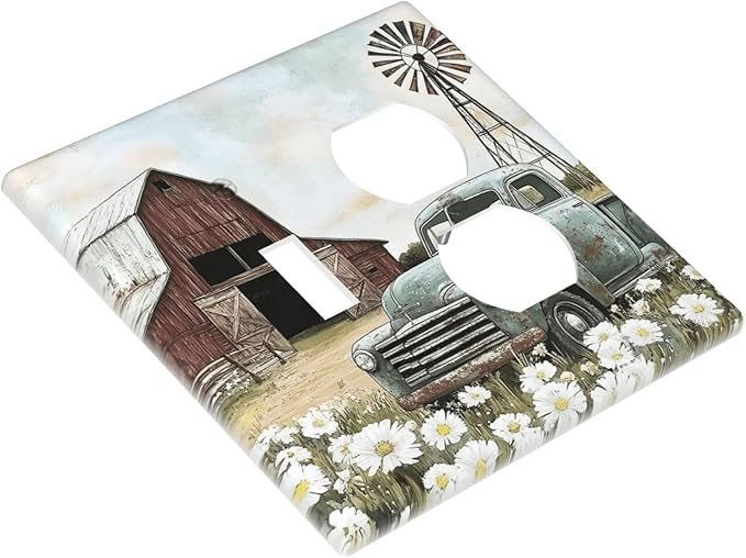 Retro Trucks Old Barn Windmill Teal Car Rustic Wallplates 1 Toggle 1 Duplex Switch Plate Electrical GFCI Faceplate Decorative Light Switch Covers for Farmhouse Home Decor