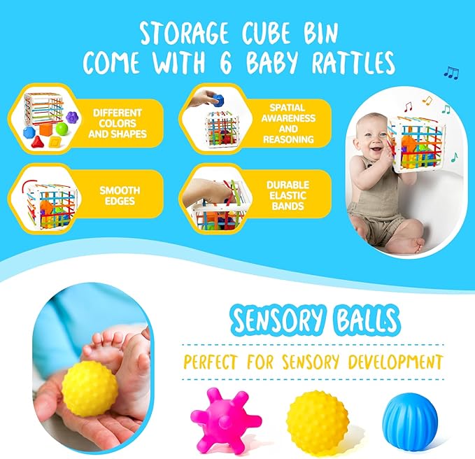 Montessori Toys for Babies 0-3-6-12 Months, 6 in 1 Baby Toys 4 5 6 7 8 9 Month Old, Baby Blocks Stacking Toys, Infant Baby Sensory Development Learning Toys Gifts for 1 2 3 Year Old Boys Girls