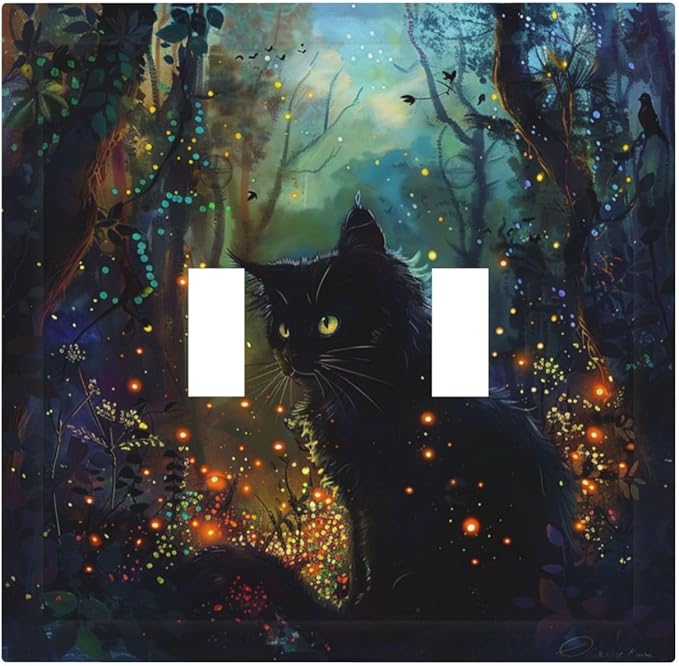 Light Switch Cover Plate Magic Fantasy Forest Mysterious Black Cat 2 Gang Double Toggle Decorative Switch Plates Wall Plates Electrical Faceplate for Kid Room Bathroom Decor